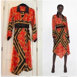 Zara Red and Black Floral Midi Dress